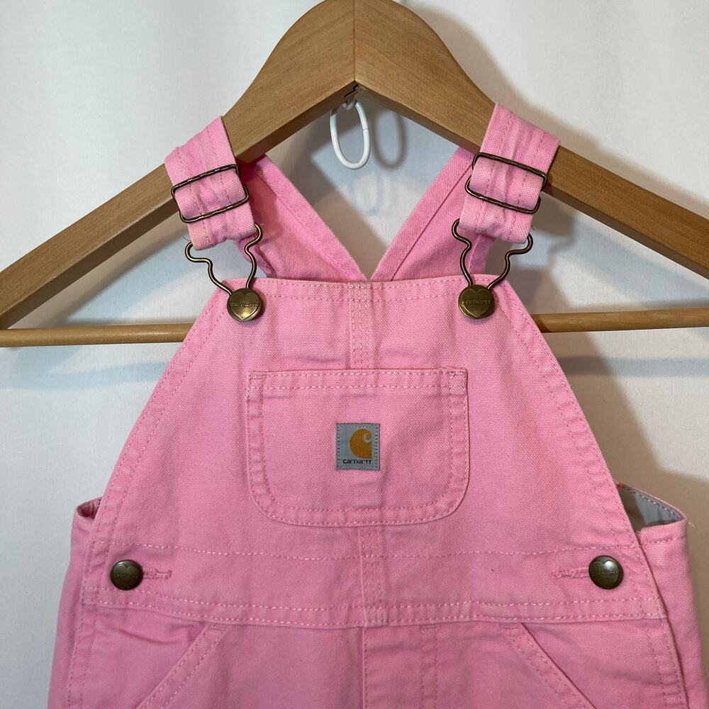Carhartt Toddler Girls Pink Lemonade Plaid Flannel Lined Canvas Bib Overalls - Picture 2 of 12